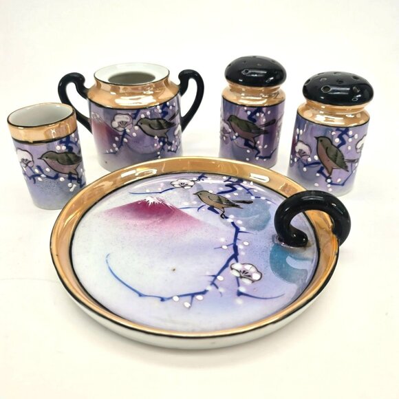 Vintage Japanese Lusterware Condiment Set With Bird Flower Mt Fuji Design je159 - Picture 1 of 9